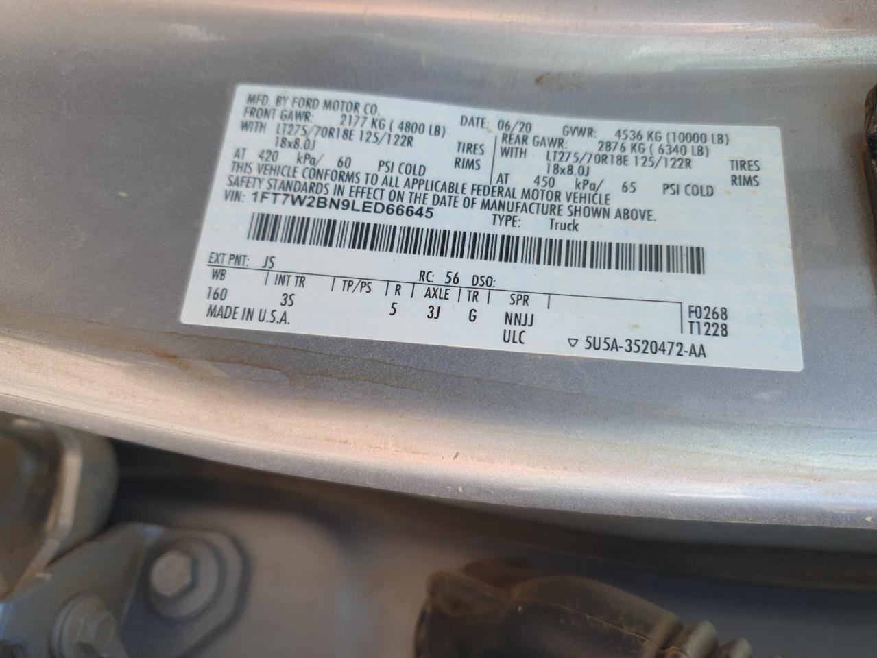 2020 Ford F250 Super Duty VIN: 1FT7W2BN9LED66645 Lot: 63038855