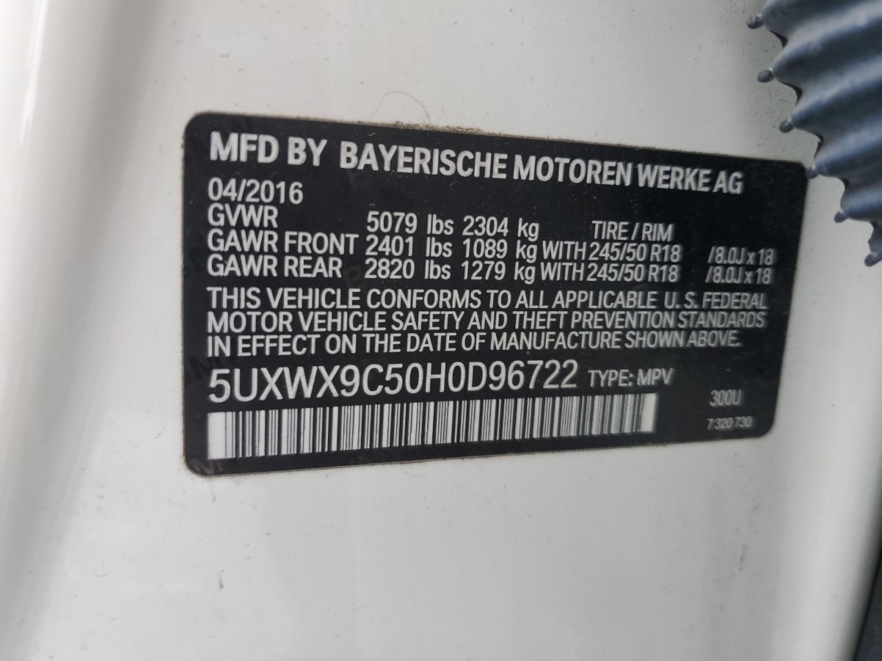 2017 BMW X3 xDrive28I VIN: 5UXWX9C50H0D96722 Lot: 64042995