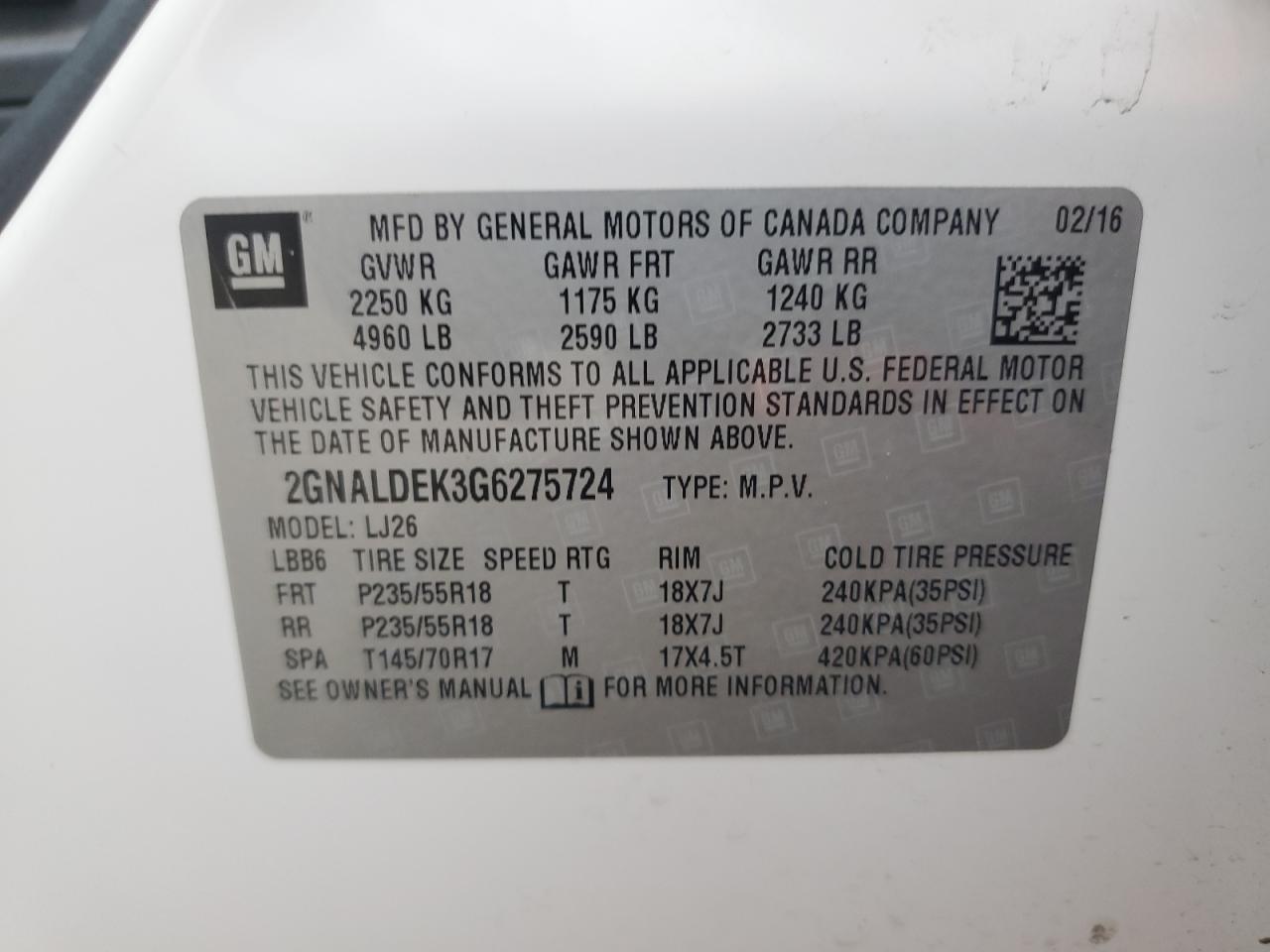 2016 Chevrolet Equinox Ltz VIN: 2GNALDEK3G6275724 Lot: 65074555