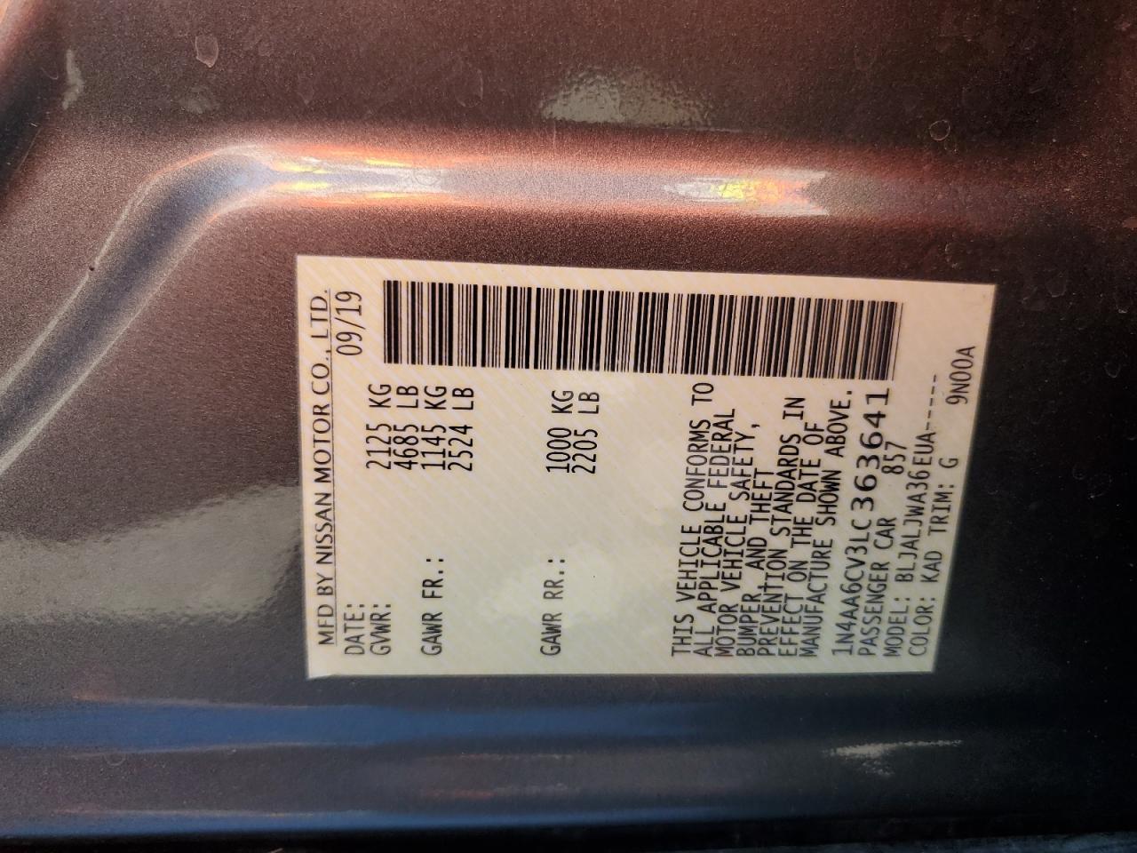 2020 Nissan Maxima Sv VIN: 1N4AA6CV3LC363641 Lot: 65569255