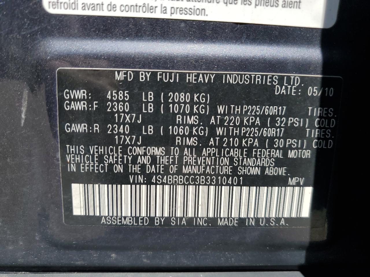 2011 Subaru Outback 2.5I Premium VIN: 4S4BRBCC3B3310401 Lot: 63431455