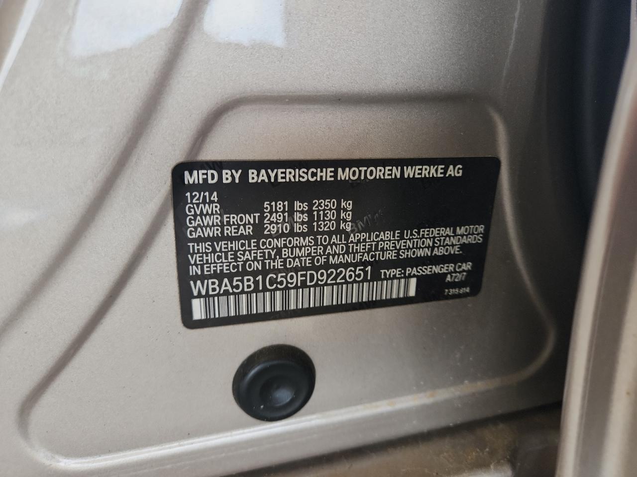 2015 BMW 535 I VIN: WBA5B1C59FD922651 Lot: 67089795