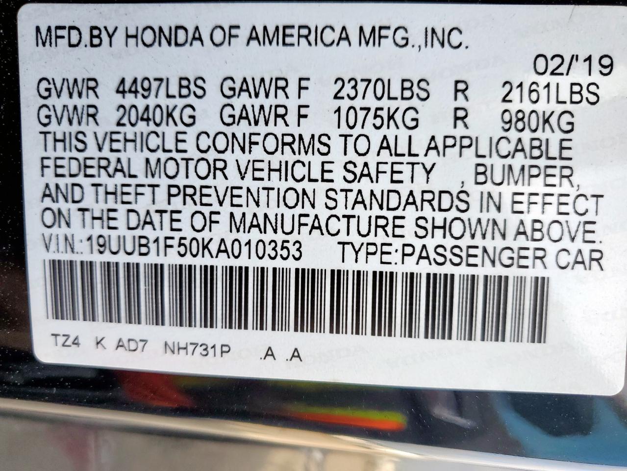 2019 Acura Tlx Technology VIN: 19UUB1F50KA010353 Lot: 65192355