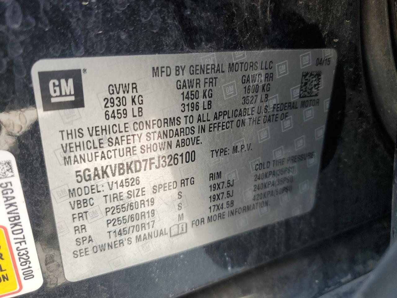 2015 Buick Enclave VIN: 5GAKVBKD7FJ326100 Lot: 64616875