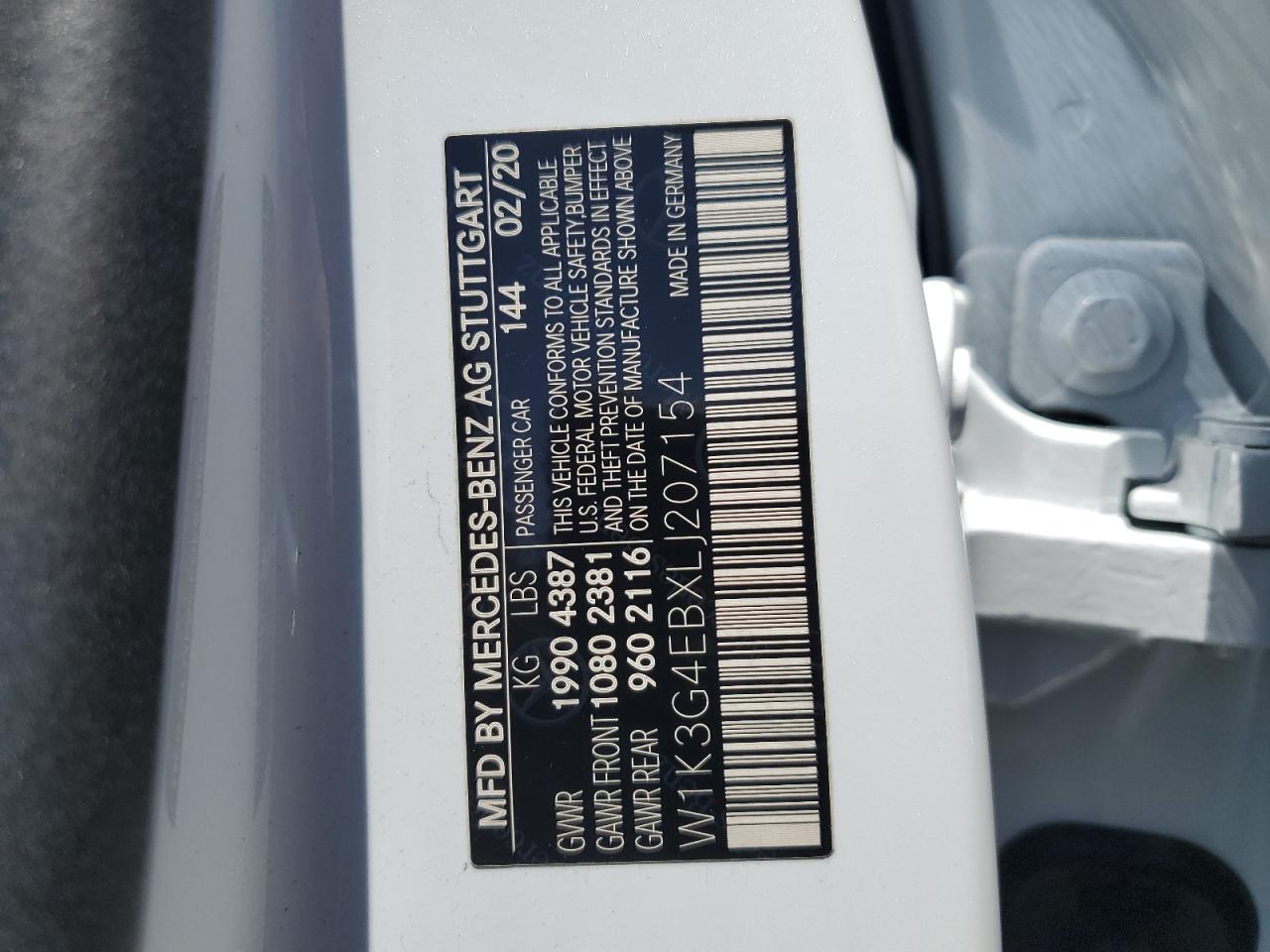 2020 Mercedes-Benz A 220 VIN: W1K3G4EBXLJ207154 Lot: 64476965