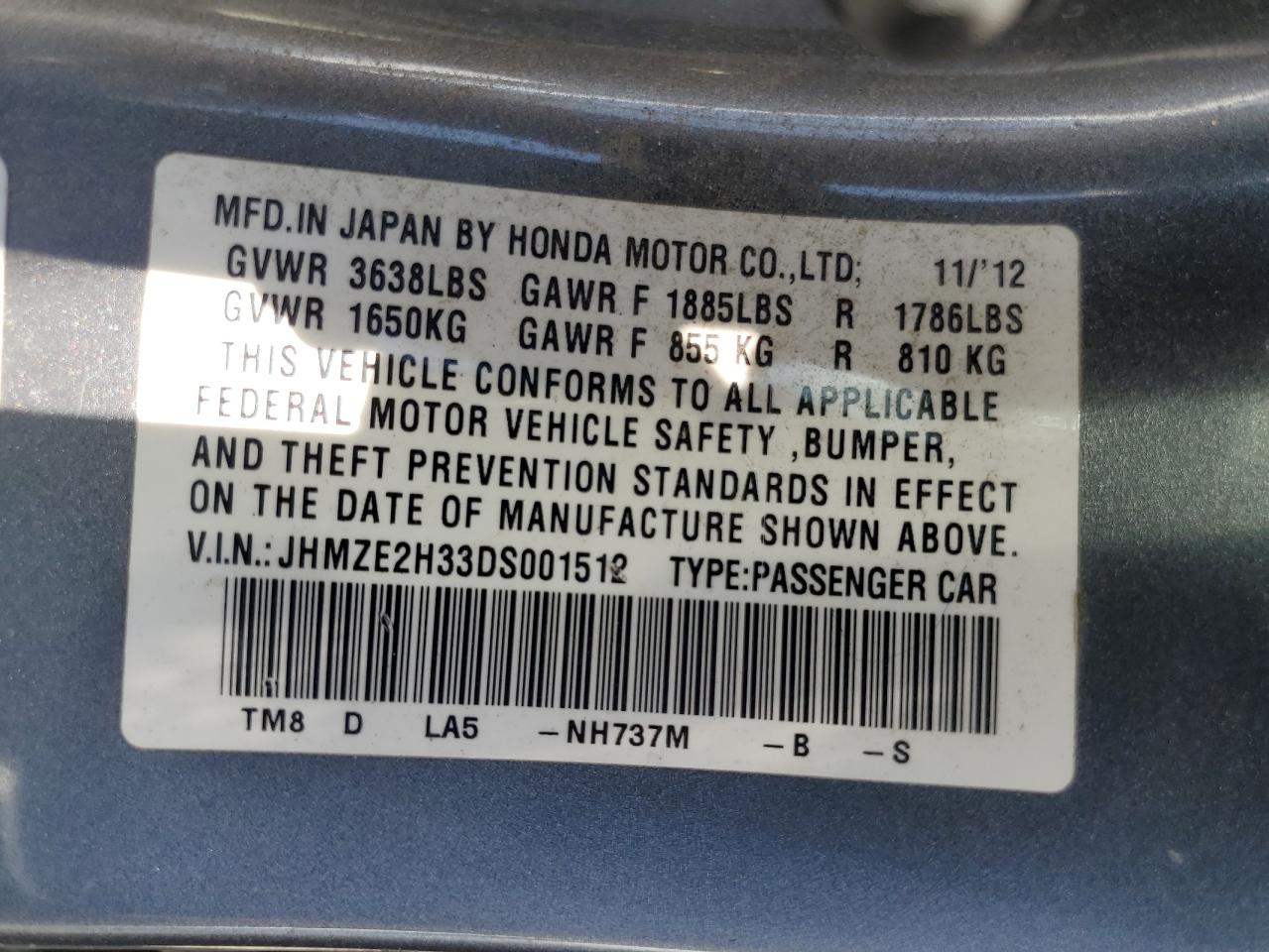 2013 Honda Insight VIN: JHMZE2H33DS001512 Lot: 62021005