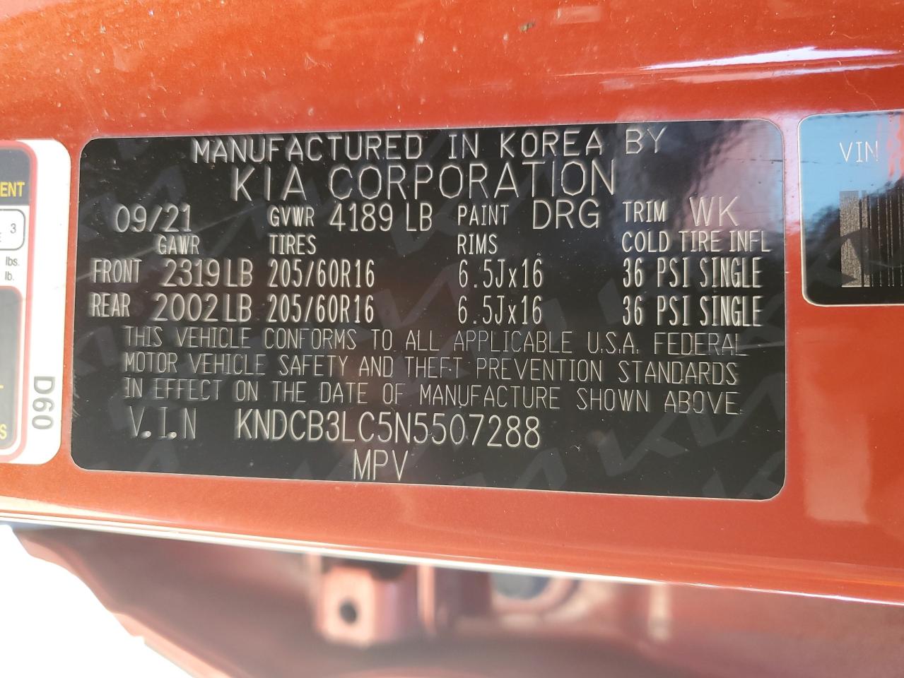 2022 Kia Niro Lx VIN: KNDCB3LC5N5507288 Lot: 63274825