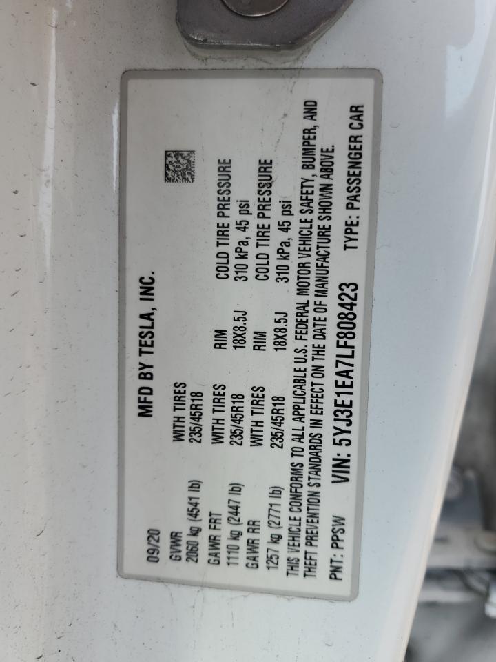 2020 Tesla Model 3 VIN: 5YJ3E1EA7LF808423 Lot: 63681325