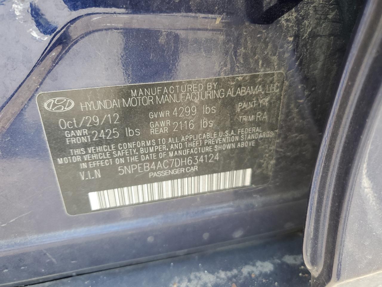 2013 Hyundai Sonata Gls VIN: 5NPEB4AC7DH634124 Lot: 64973095