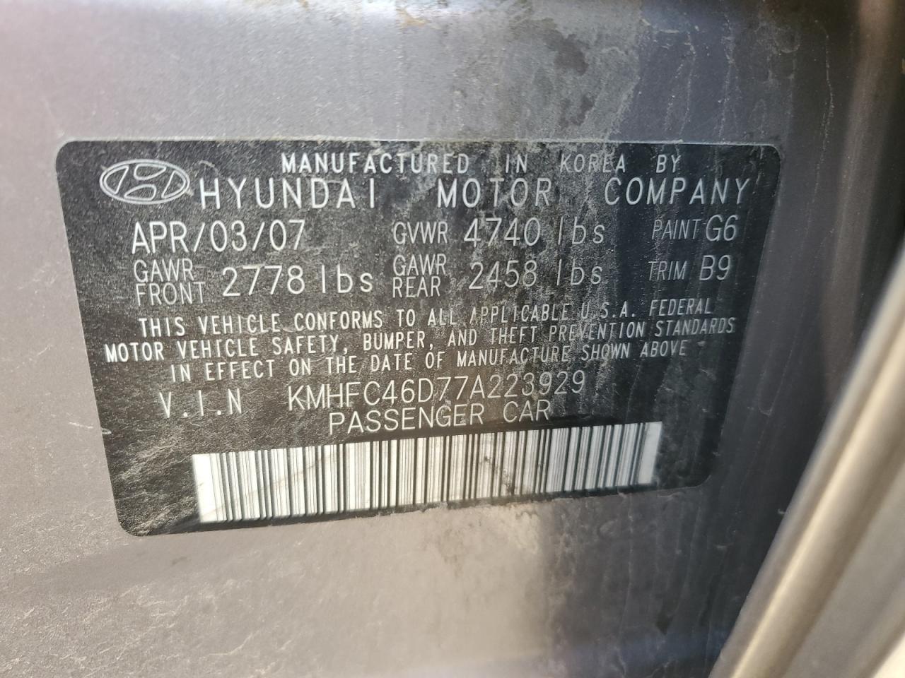 2007 Hyundai Azera Gls VIN: KMHFC46D77A223929 Lot: 61866775