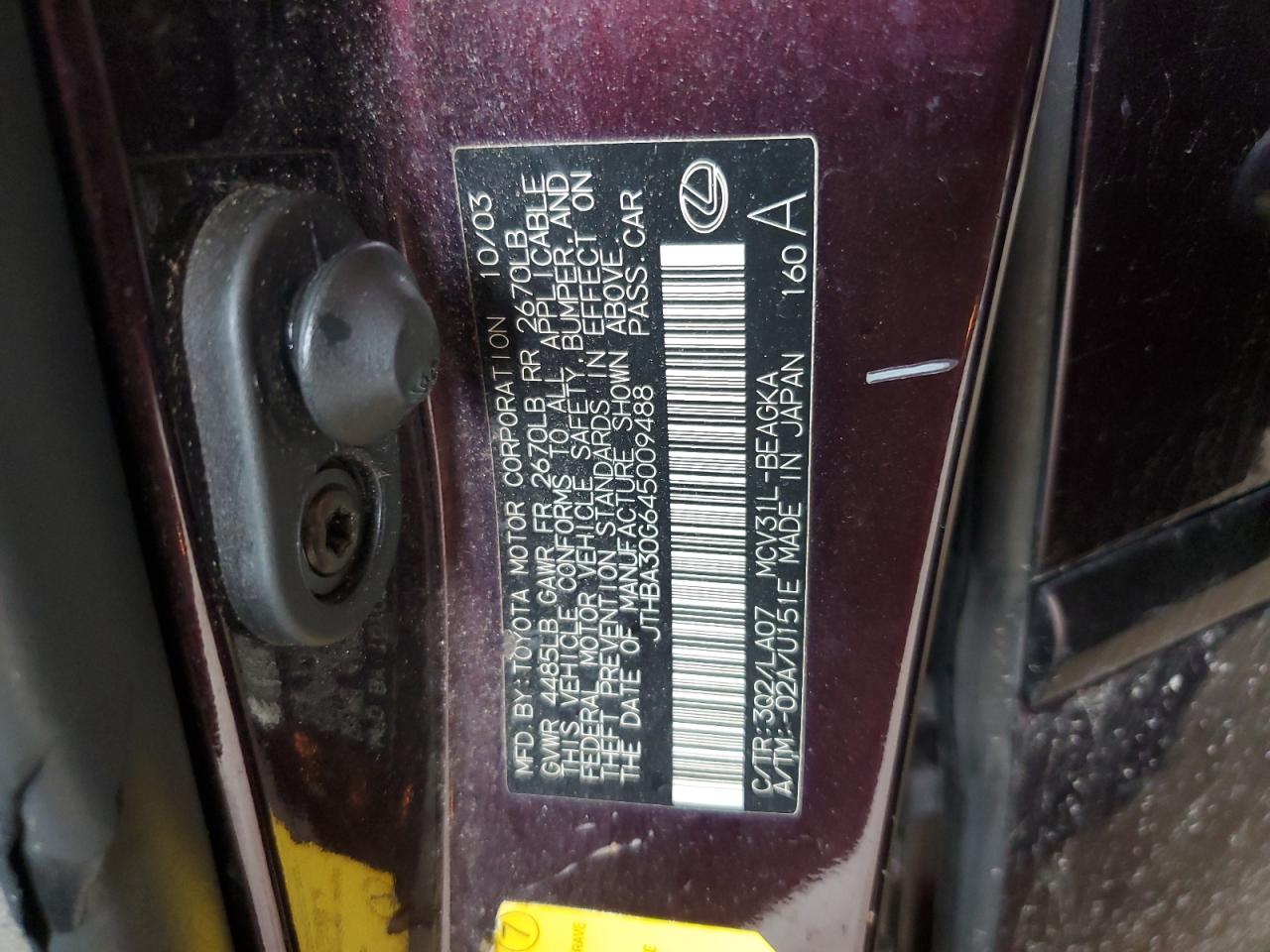 2004 Lexus Es 330 VIN: JTHBA30G645009488 Lot: 62484095