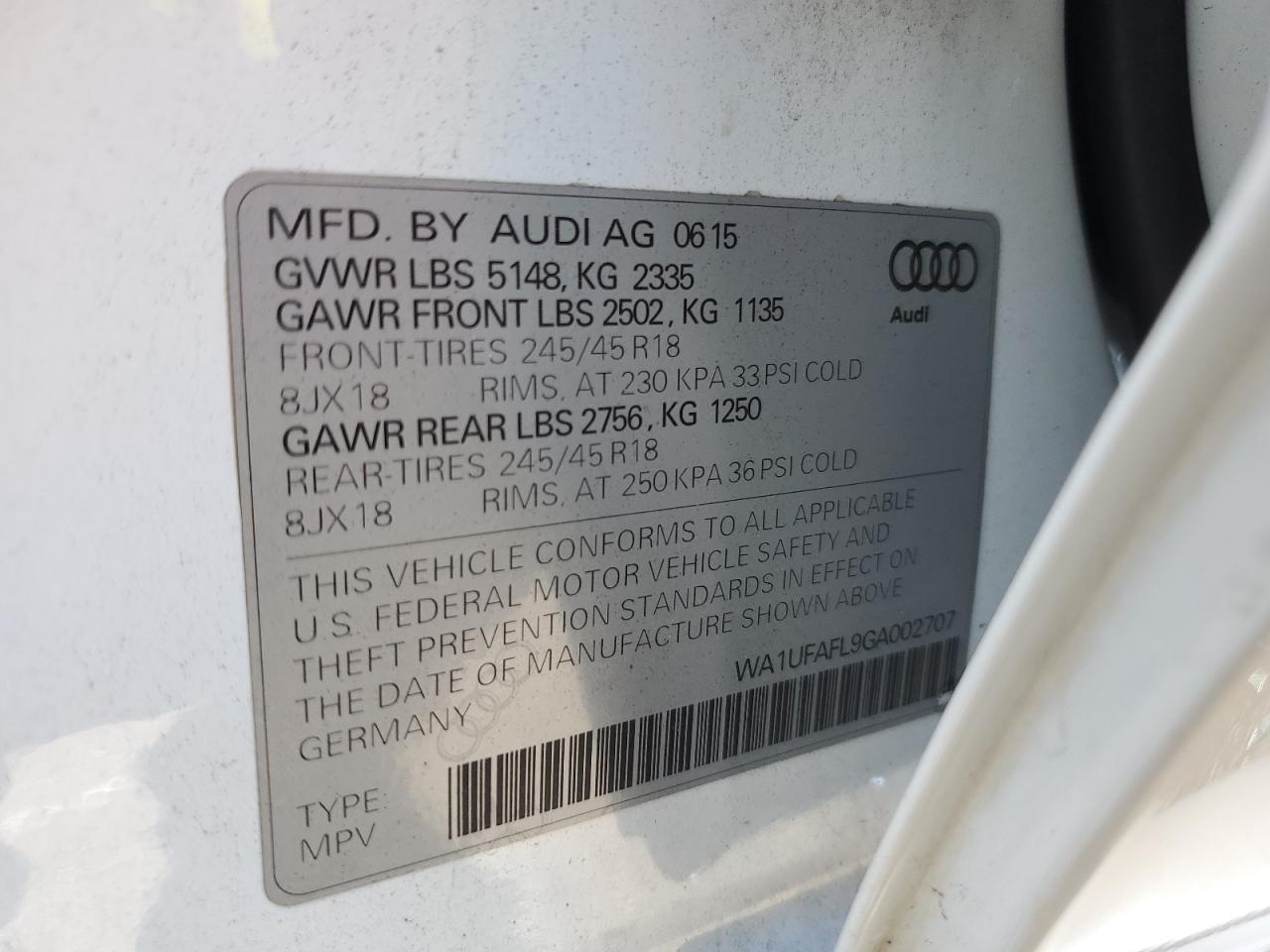 2016 Audi A4 Allroad Premium Plus VIN: WA1UFAFL9GA002707 Lot: 65979835