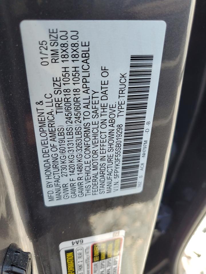 2025 Honda Ridgeline Rtl VIN: 5FPYK3F55SB019298 Lot: 64661465