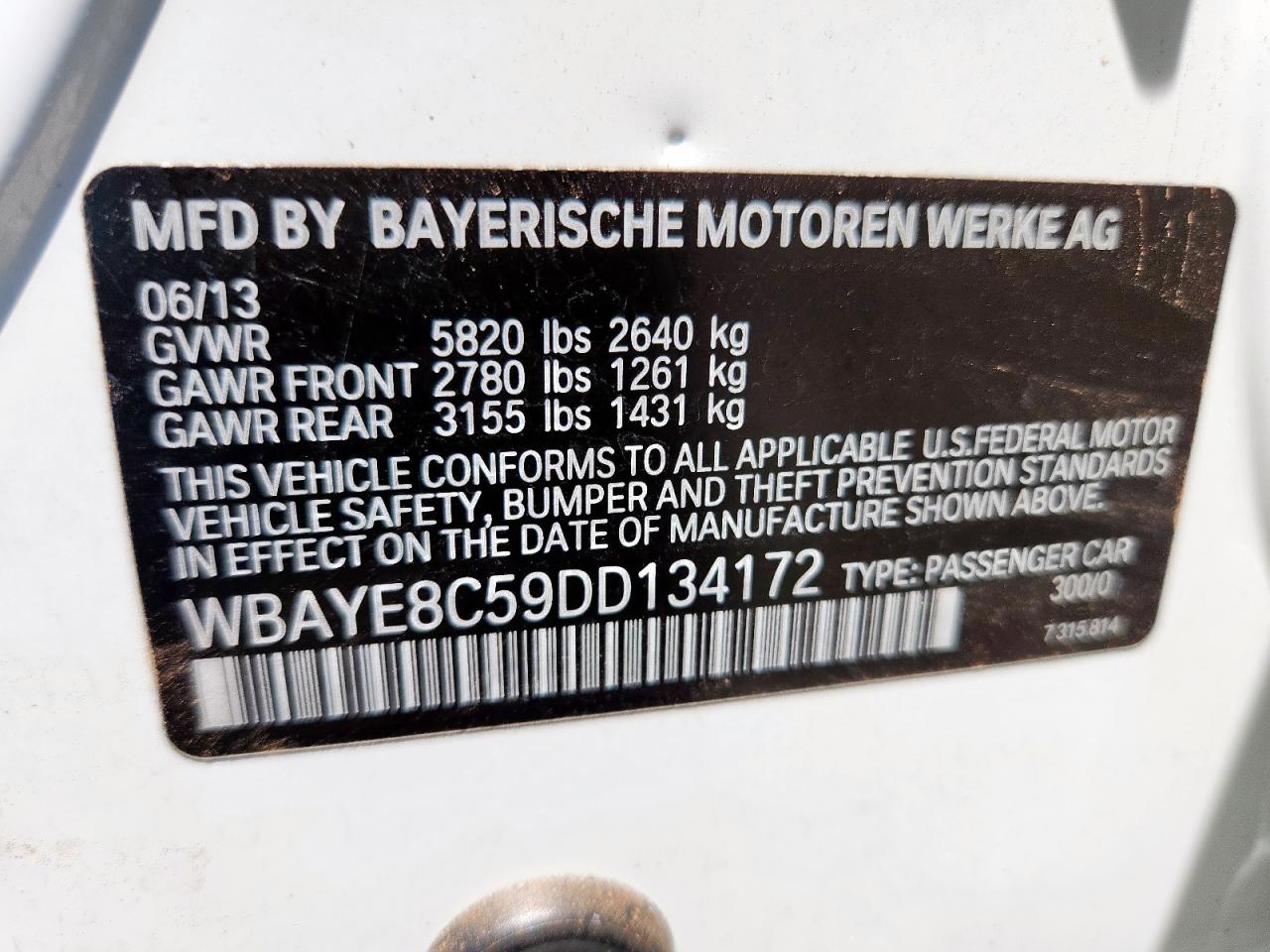 2013 BMW 750 Li VIN: WBAYE8C59DD134172 Lot: 63624785