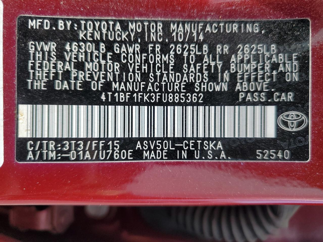 2015 Toyota Camry Le VIN: 4T1BF1FK3FU885362 Lot: 63767645