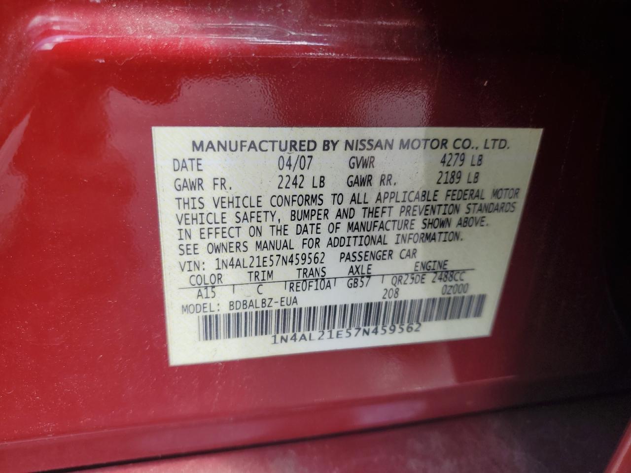 2007 Nissan Altima 2.5 VIN: 1N4AL21E57N459562 Lot: 64672055