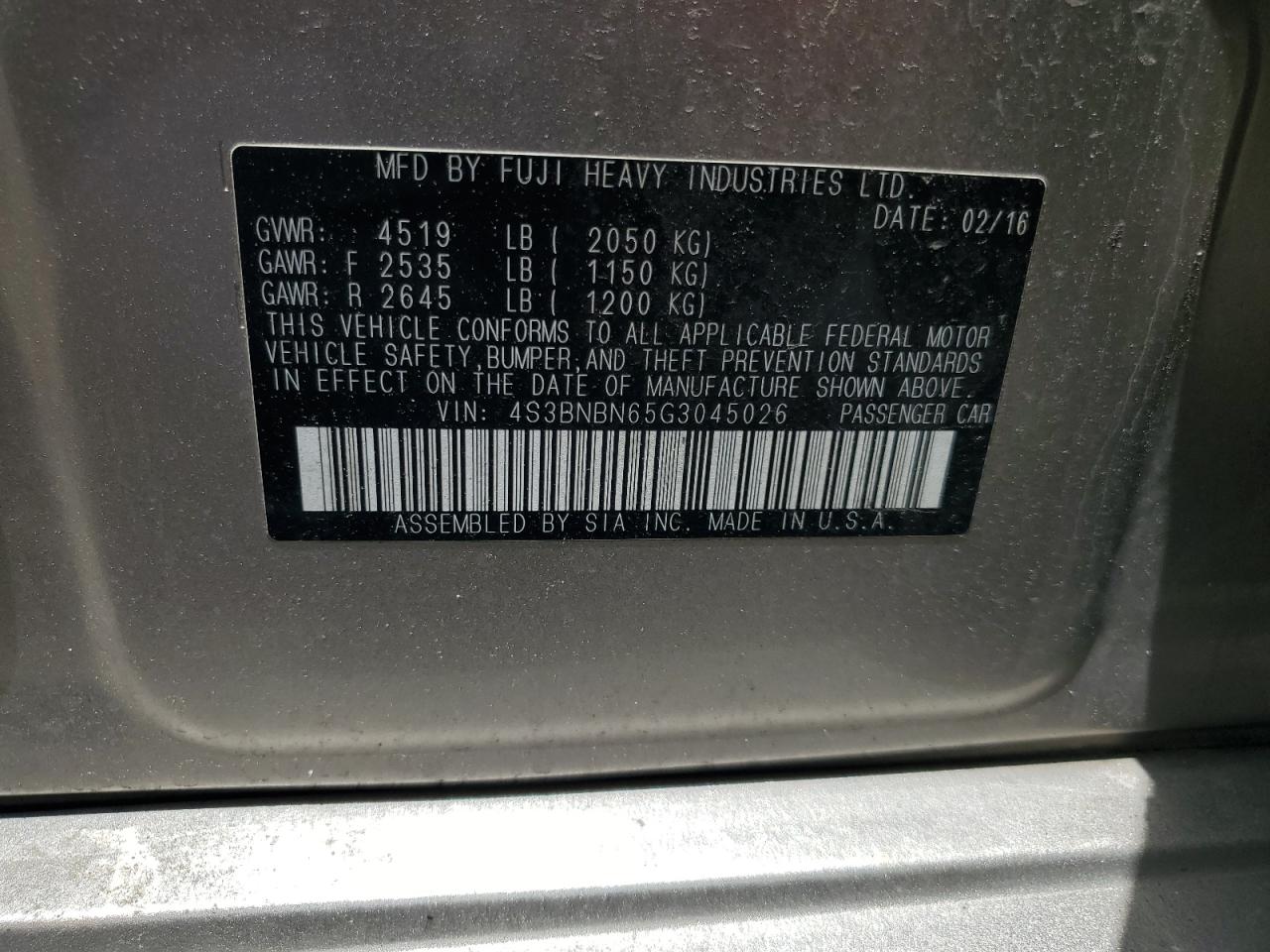 2016 Subaru Legacy 2.5I Limited VIN: 4S3BNBN65G3045026 Lot: 65208165