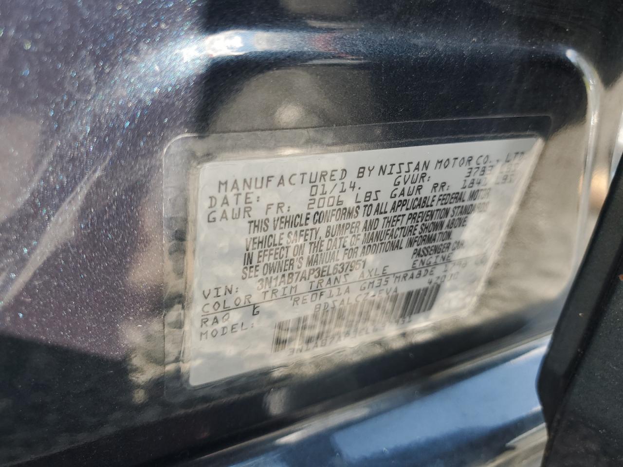 2014 Nissan Sentra S VIN: 3N1AB7AP3EL637951 Lot: 62941775
