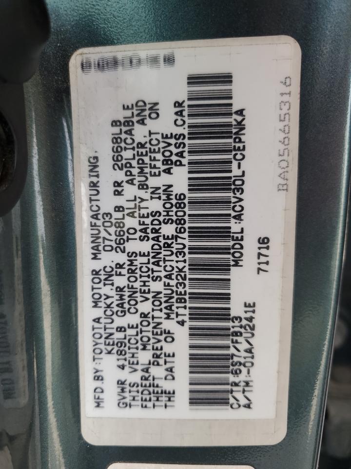 2003 Toyota Camry Le VIN: 4T1BE32K13U768086 Lot: 64808065