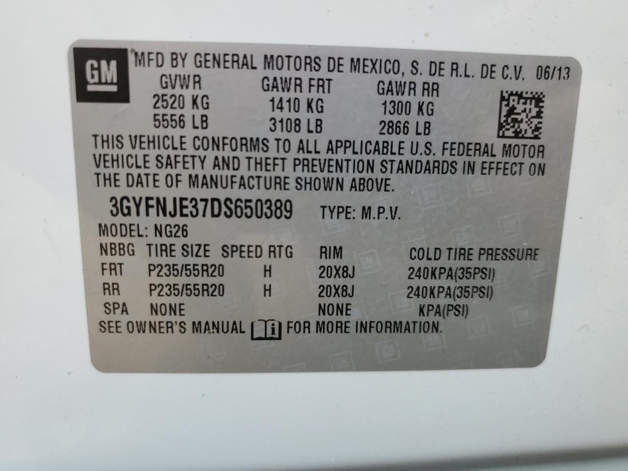 2013 Cadillac Srx Premium Collection VIN: 3GYFNJE37DS650389 Lot: 66480985