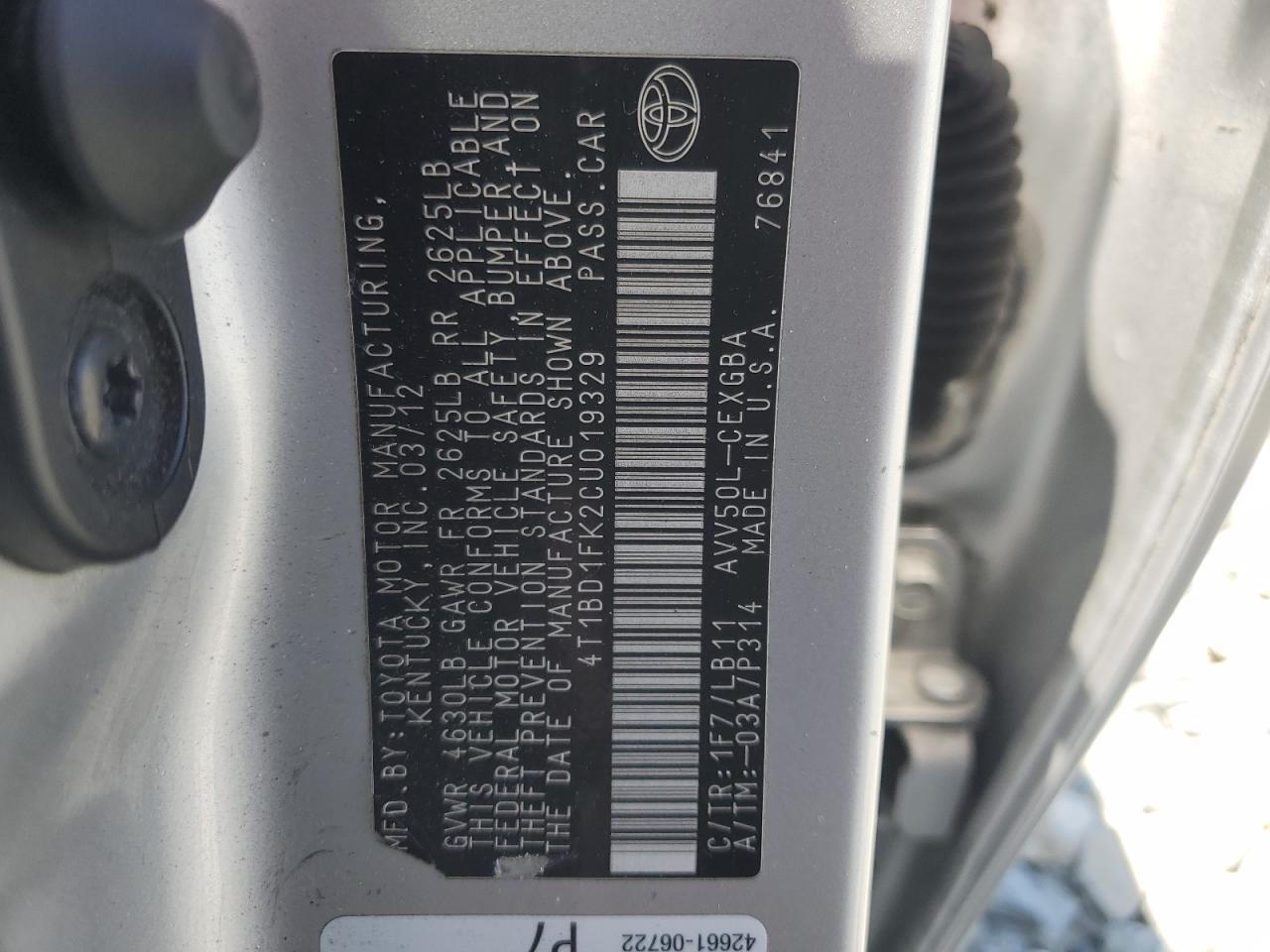 2012 Toyota Camry Hybrid VIN: 4T1BD1FK2CU019329 Lot: 63070935