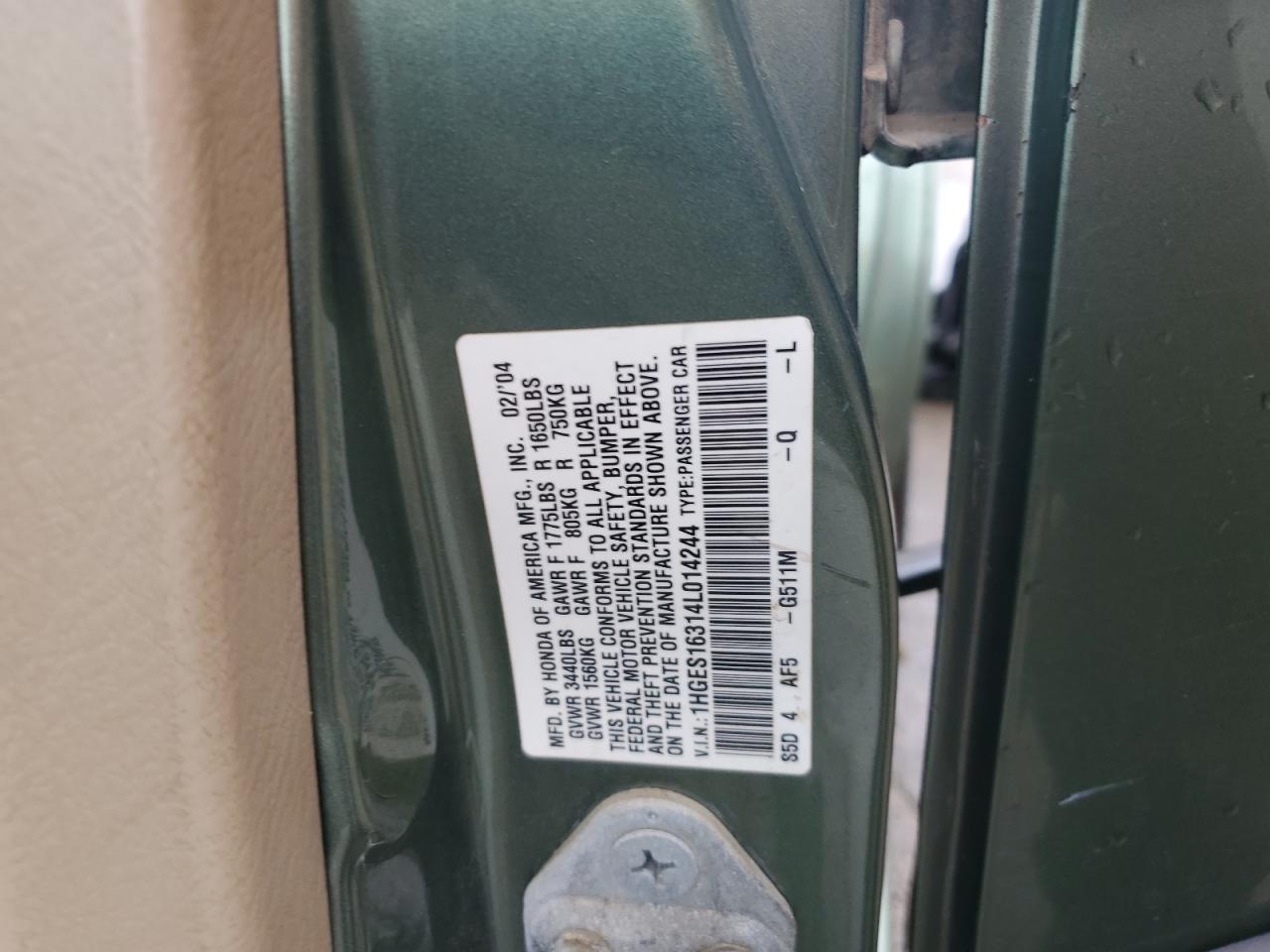 2004 Honda Civic Dx Vp VIN: 1HGES16314L014244 Lot: 66712745
