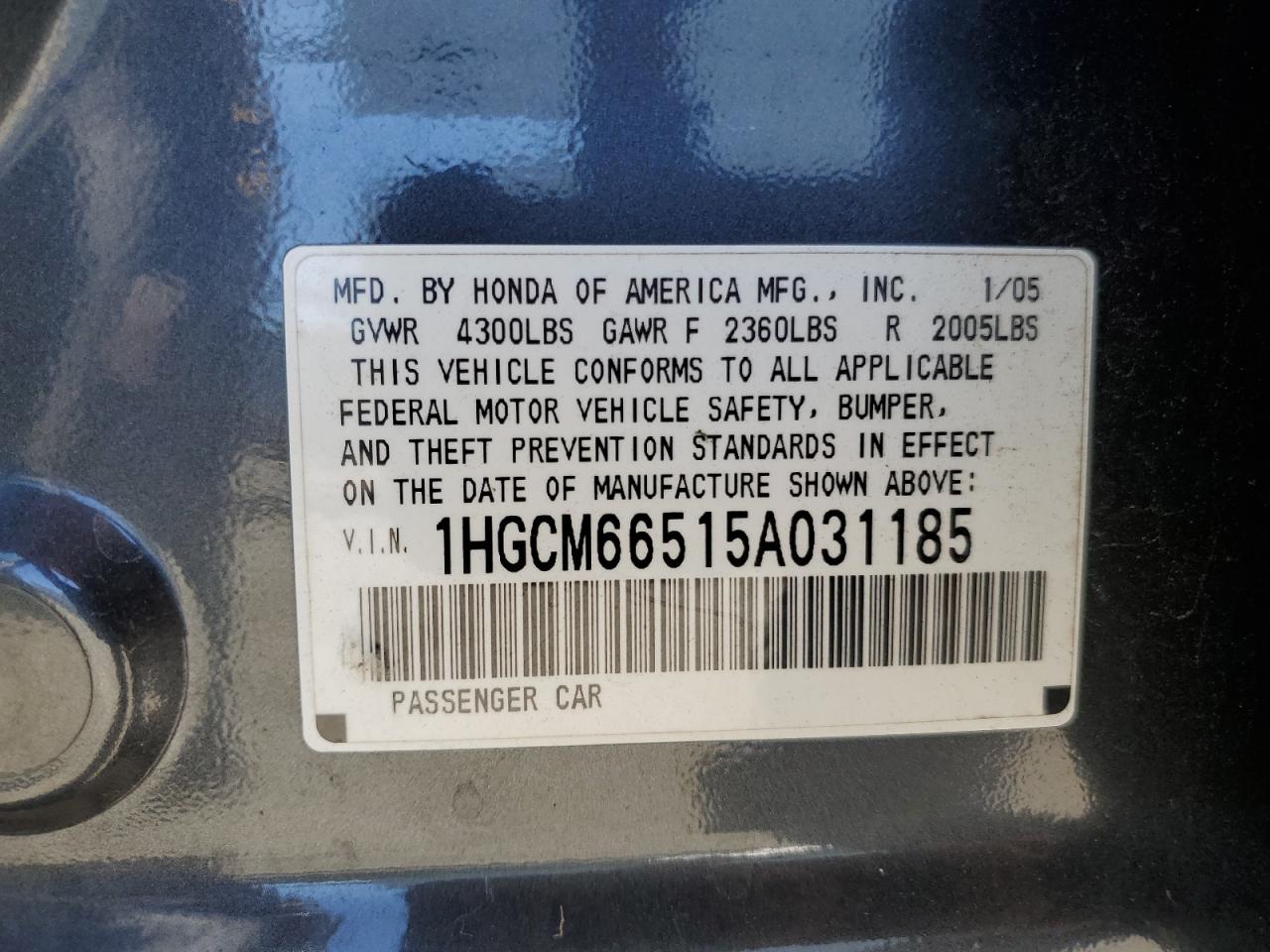 2005 Honda Accord Ex VIN: 1HGCM66515A031185 Lot: 63868775