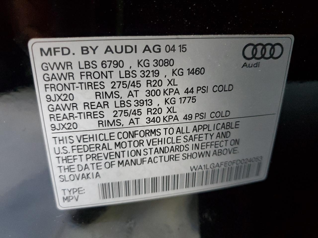 2015 Audi Q7 Premium Plus VIN: WA1LGAFE0FD024053 Lot: 65317475