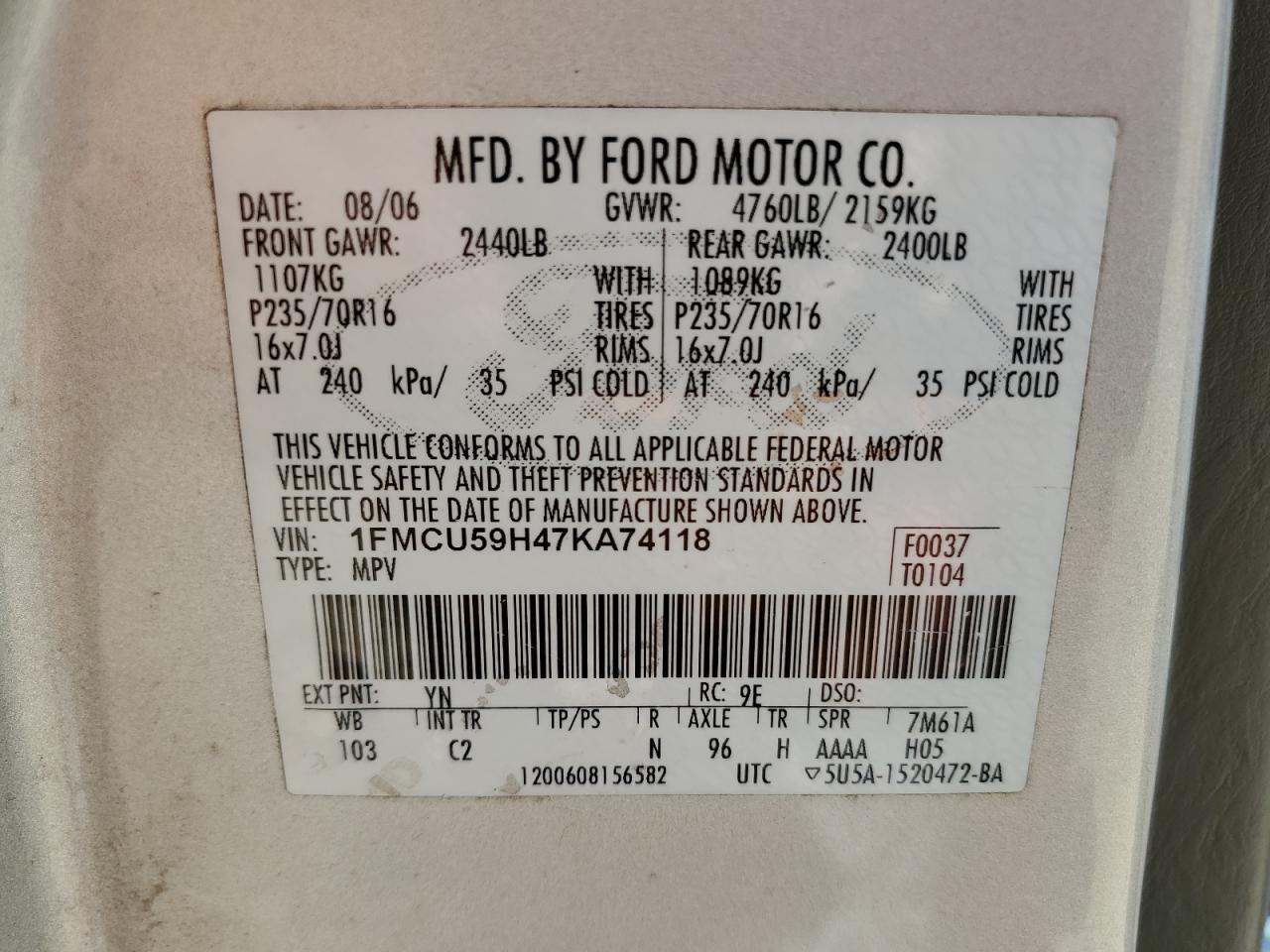 2006 Ford Escape Hev VIN: 1FMCU59H47KA74118 Lot: 64578685
