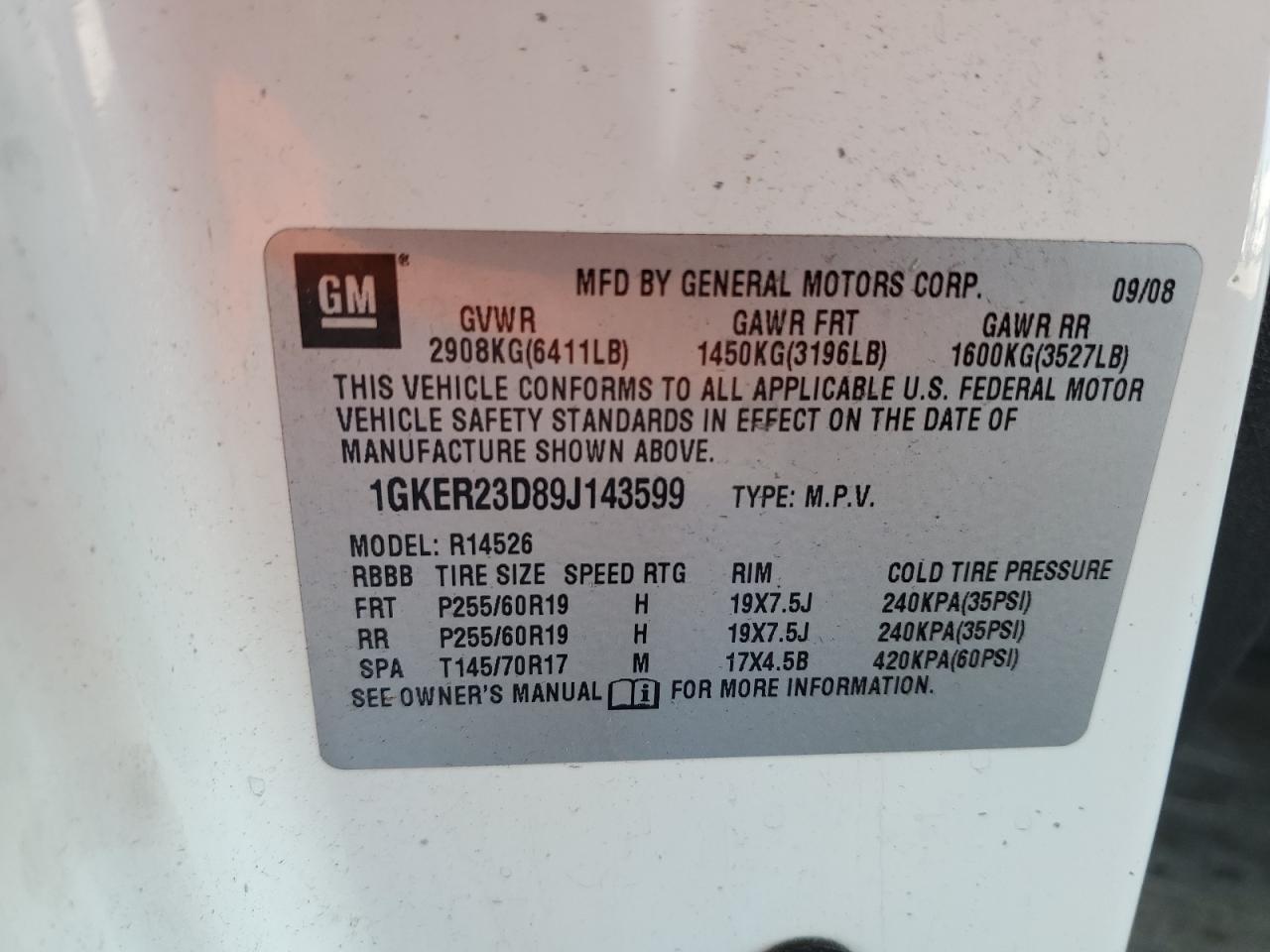 2009 GMC Acadia Slt-1 VIN: 1GKER23D89J143599 Lot: 63949135