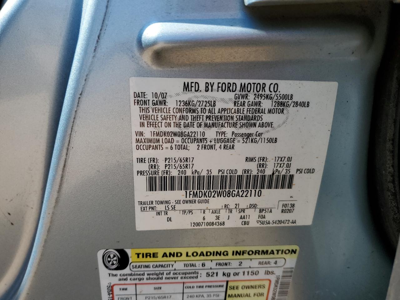 2008 Ford Taurus X Sel VIN: 1FMDK02W08GA22110 Lot: 64009495