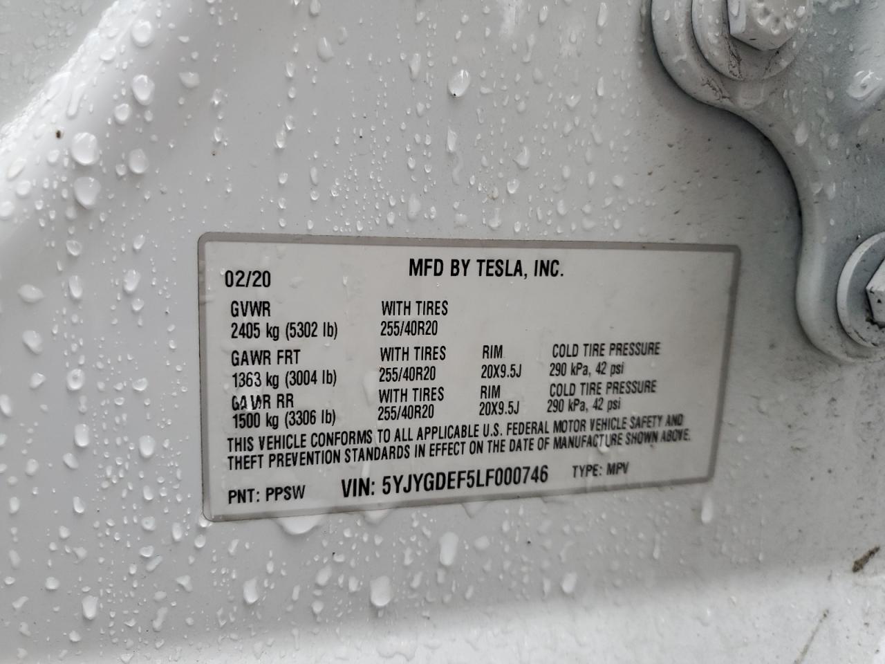 2020 Tesla Model Y VIN: 5YJYGDEF5LF000746 Lot: 63314295