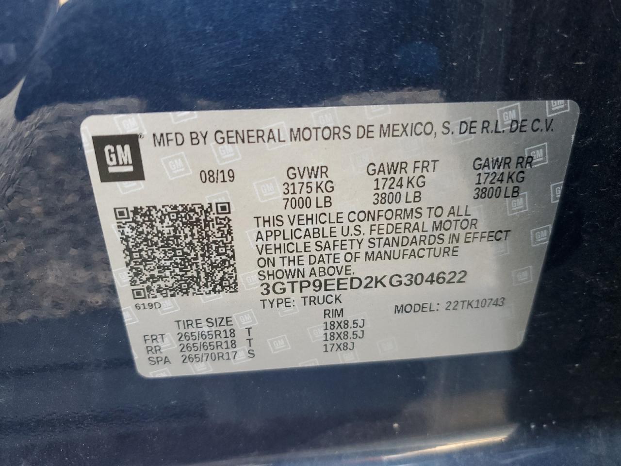 2019 GMC Sierra K1500 At4 VIN: 3GTP9EED2KG304622 Lot: 64524755