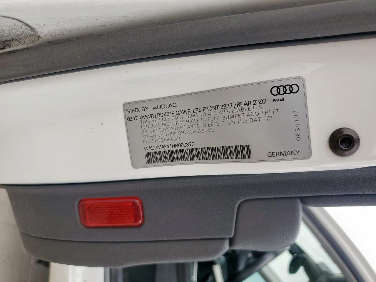 2017 Audi A4 Ultra Premium VIN: WAUGMAF41HN060870 Lot: 63572185