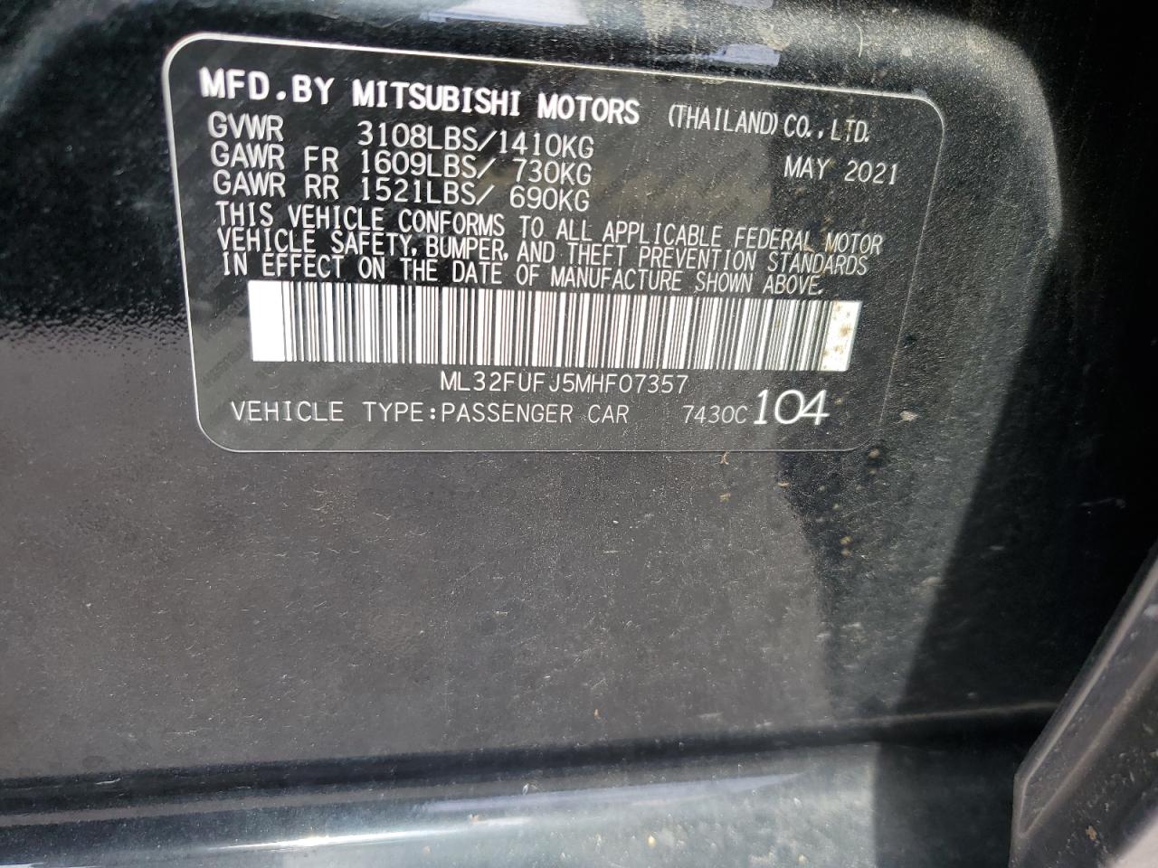 2021 Mitsubishi Mirage G4 Es VIN: ML32FUFJ5MHF07357 Lot: 63801105