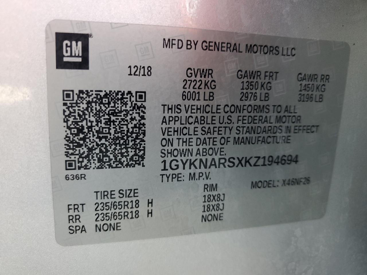 2019 Cadillac Xt5 VIN: 1GYKNARSXKZ194694 Lot: 64476815