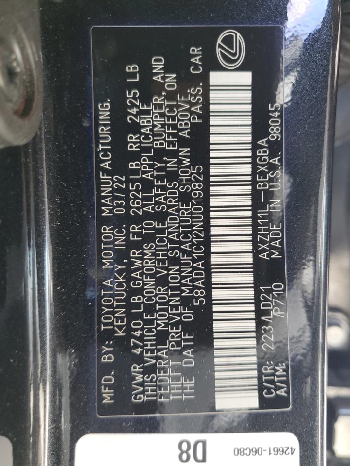2022 Lexus Es 300H Base VIN: 58ADA1C12NU019825 Lot: 63512015