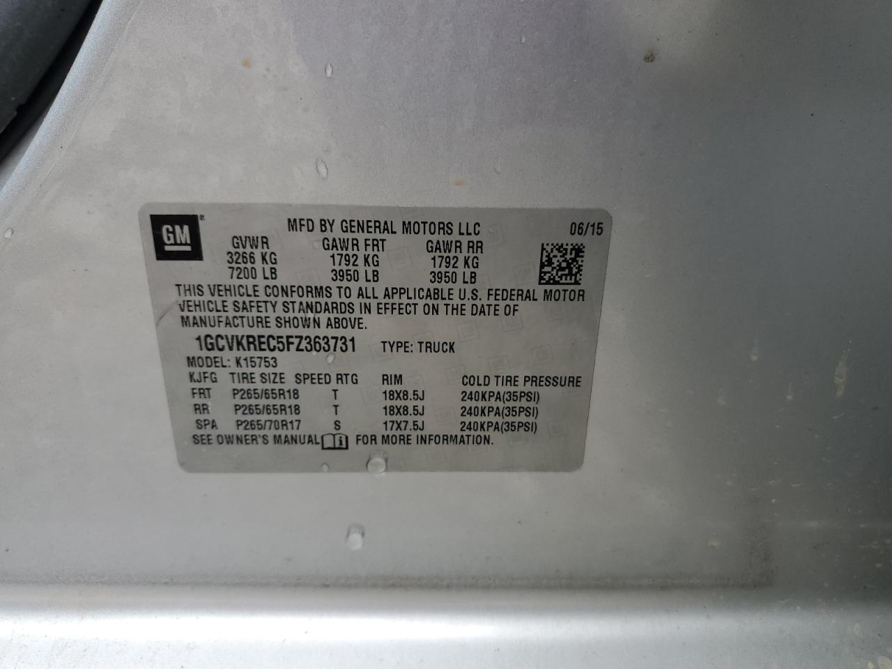 2015 Chevrolet Silverado K1500 Lt VIN: 1GCVKREC5FZ363731 Lot: 65036585