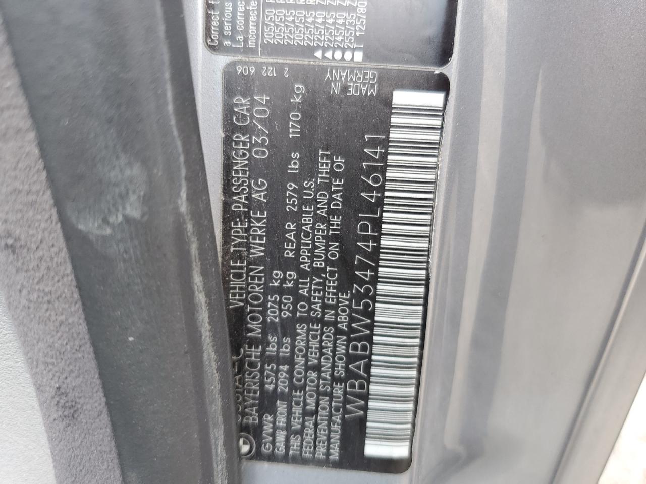 2004 BMW 330 Ci VIN: WBABW53474PL46141 Lot: 64545695