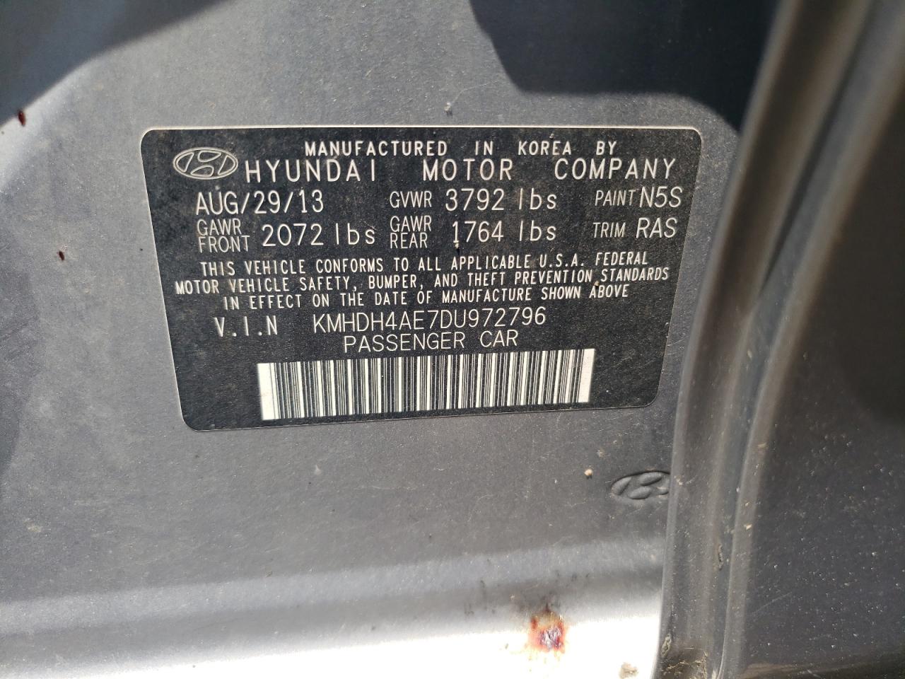 2013 Hyundai Elantra Gls VIN: KMHDH4AE7DU972796 Lot: 64850785