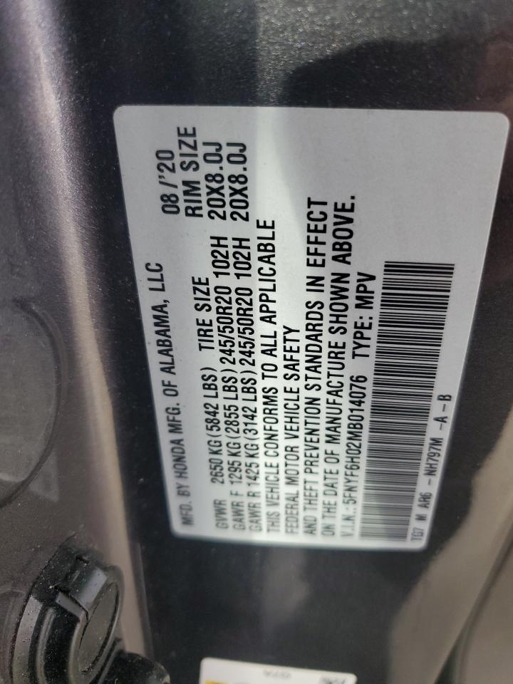 2021 Honda Pilot Elite VIN: 5FNYF6H02MB014076 Lot: 62064555