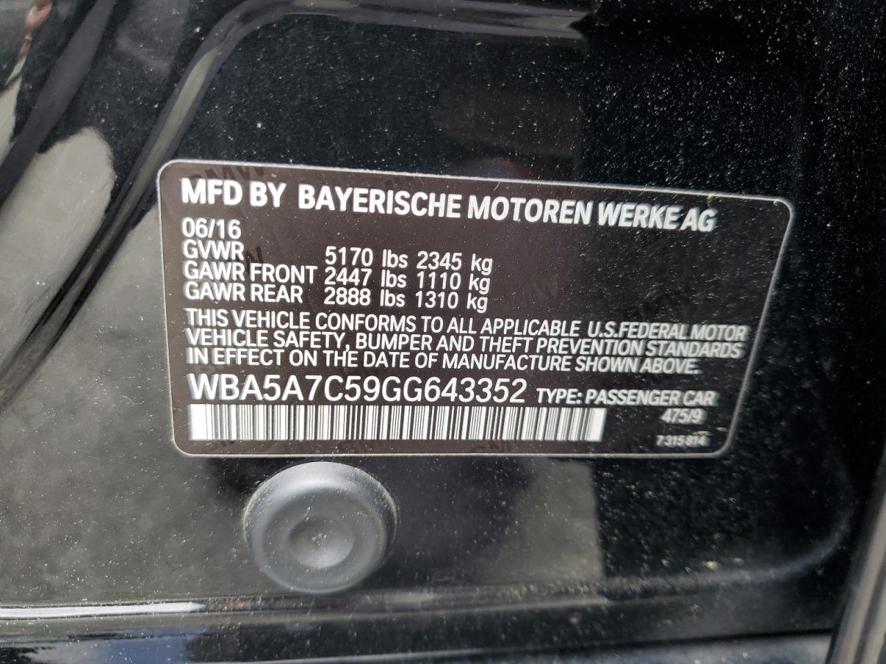 2016 BMW 528 Xi VIN: WBA5A7C59GG643352 Lot: 61663535