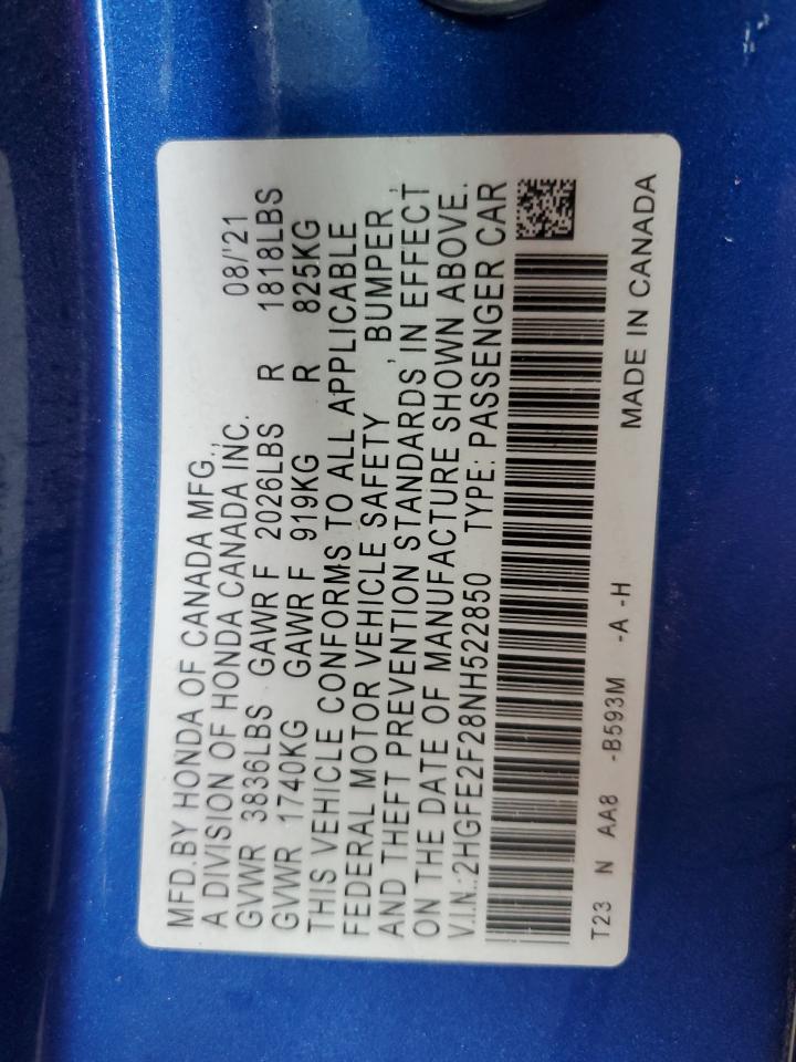 2022 Honda Civic Lx VIN: 2HGFE2F28NH522850 Lot: 63227485