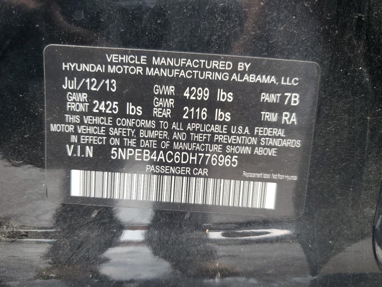 2013 Hyundai Sonata Gls VIN: 5NPEB4AC6DH776965 Lot: 63686735