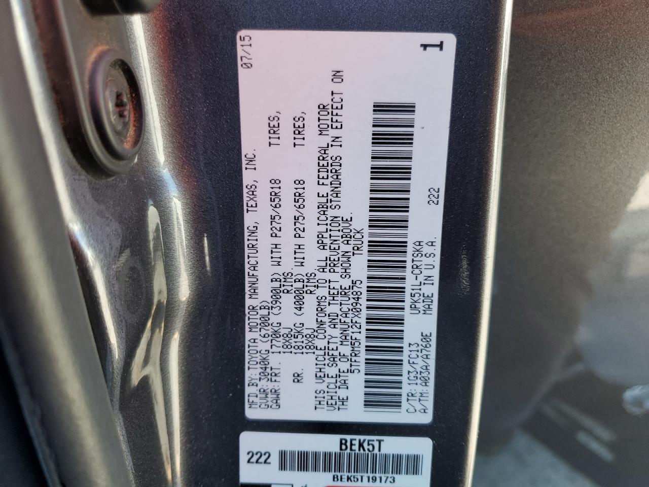 2015 Toyota Tundra Double Cab Sr VIN: 5TFRM5F12FX094875 Lot: 66714695