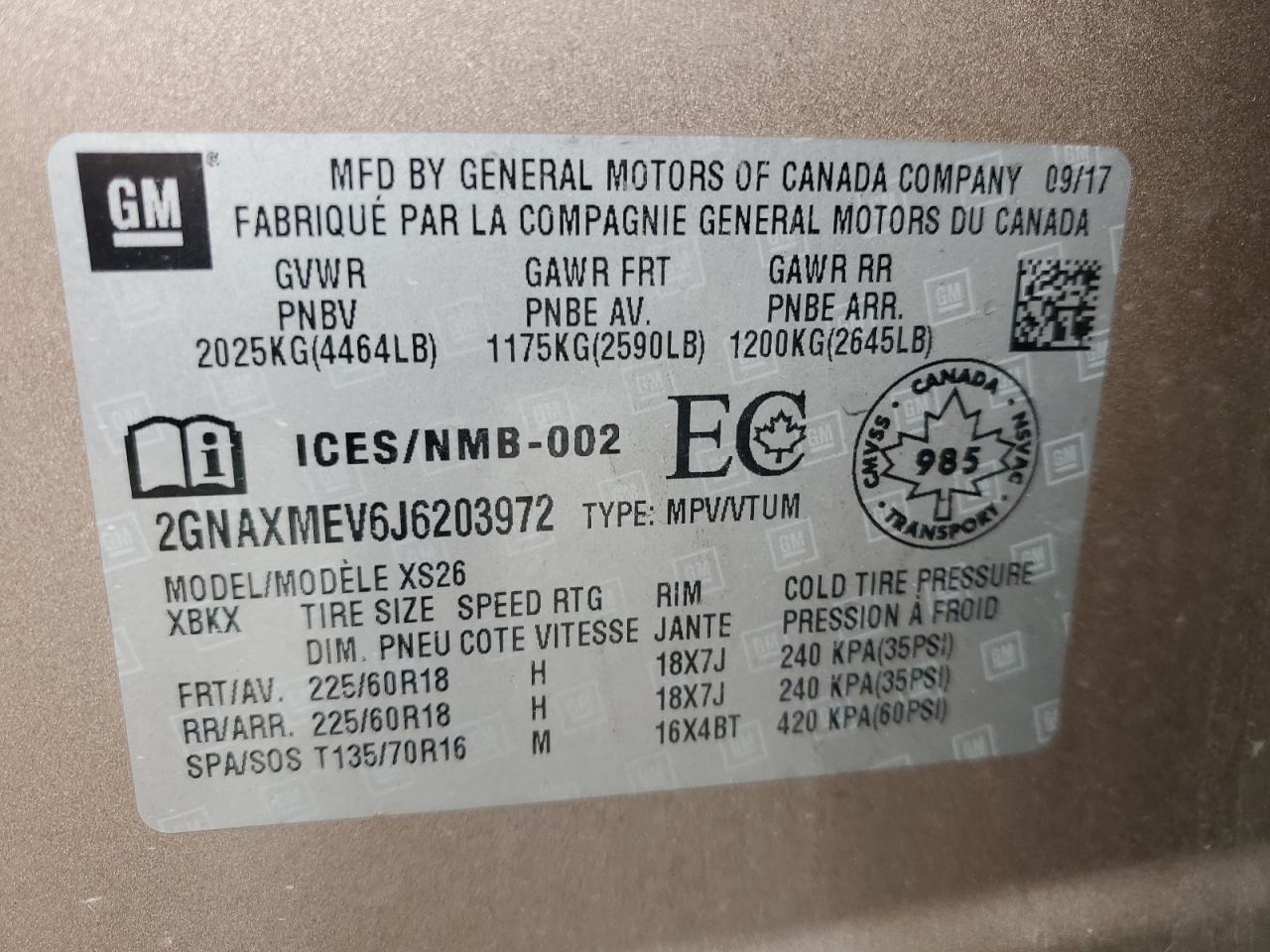 2018 Chevrolet Equinox Premier VIN: 2GNAXMEV6J6203972 Lot: 63477365