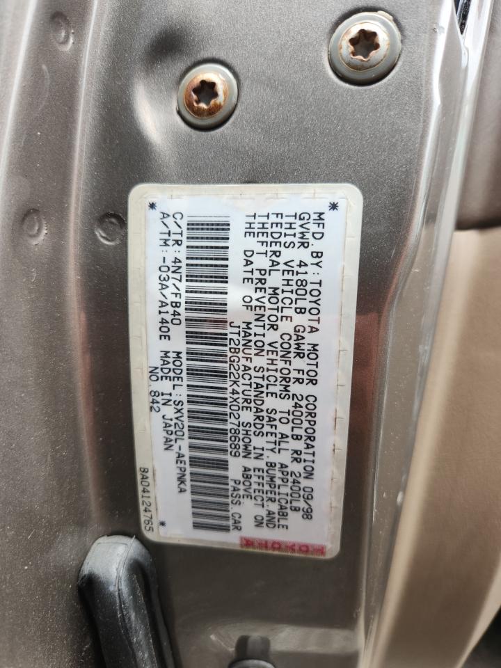 1999 Toyota Camry Le VIN: JT2BG22K4X0278689 Lot: 64374575