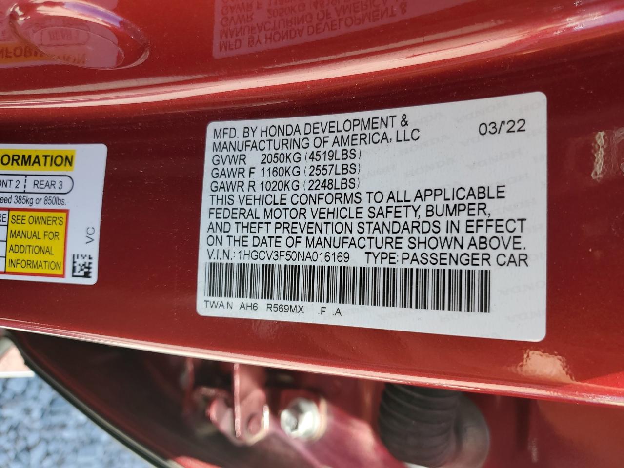 2022 Honda Accord Hybrid Exl VIN: 1HGCV3F50NA016169 Lot: 64441775