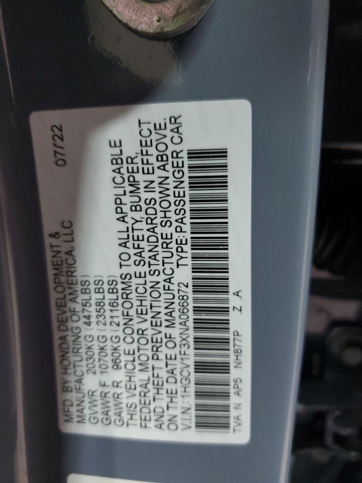 2022 Honda Accord Sport VIN: 1HGCV1F3XNA066872 Lot: 64954205