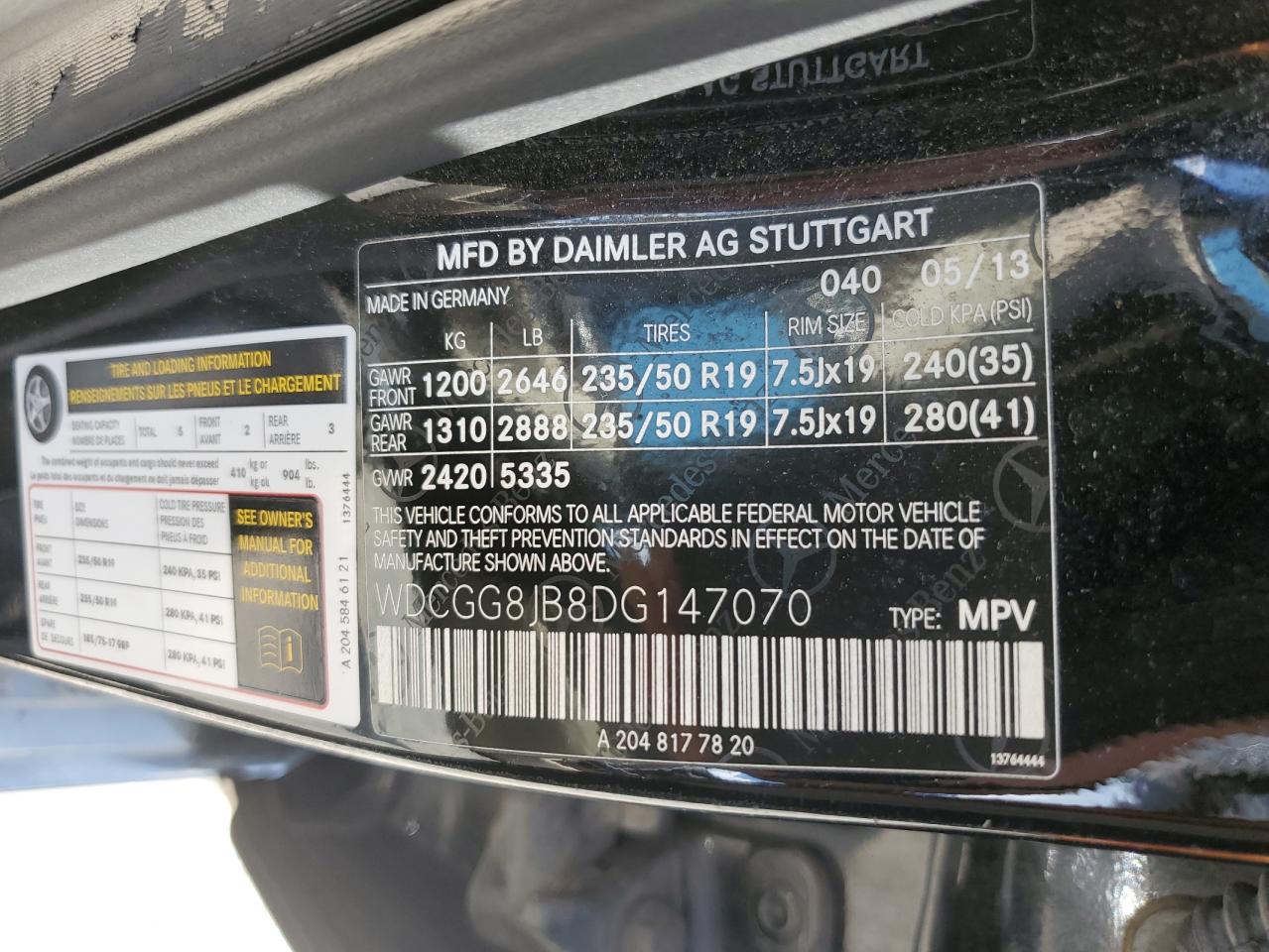 2013 Mercedes-Benz Glk 350 4Matic VIN: WDCGG8JB8DG147070 Lot: 64391215